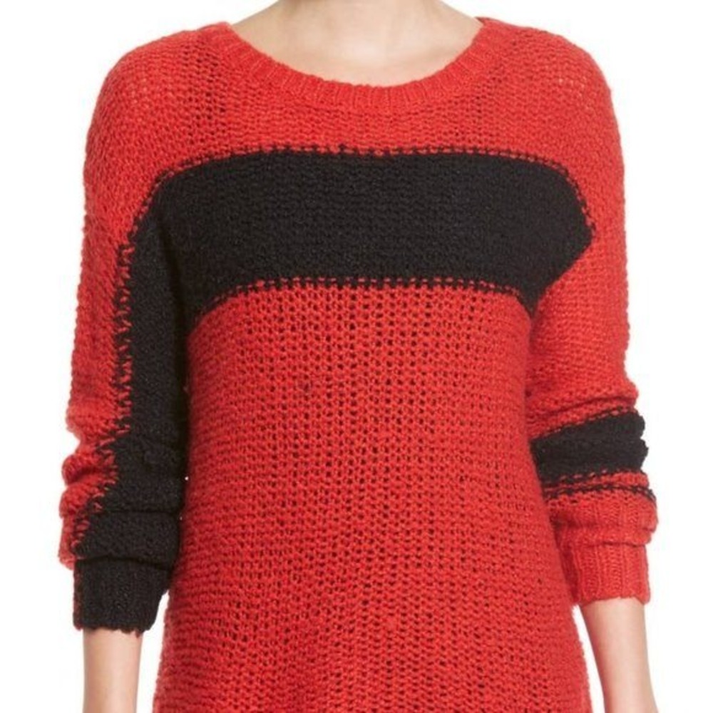 Pam Gela Sweater Womens Small Red Black Block Stripe Crew Neck Chunky Knit Wool